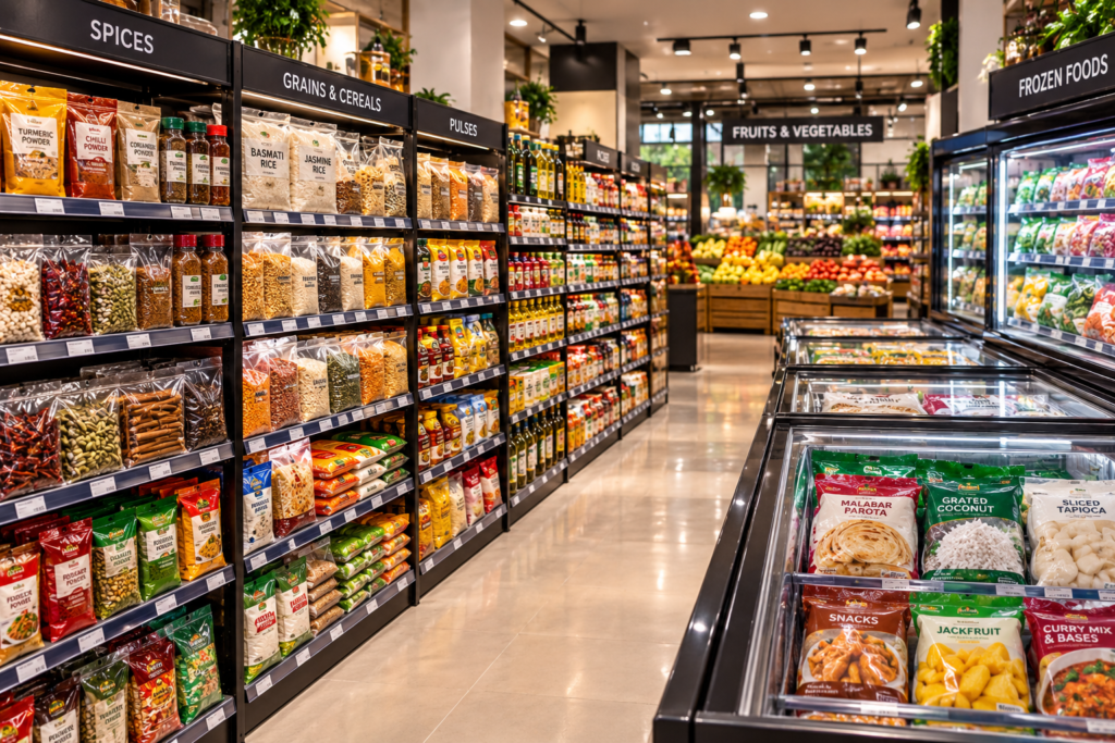 colorful supermarket aisle of global foods