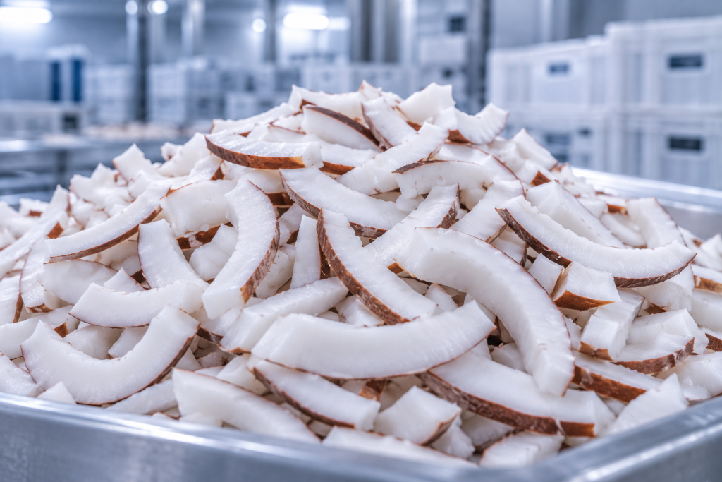 fresh coconut slices in a chilled processing room