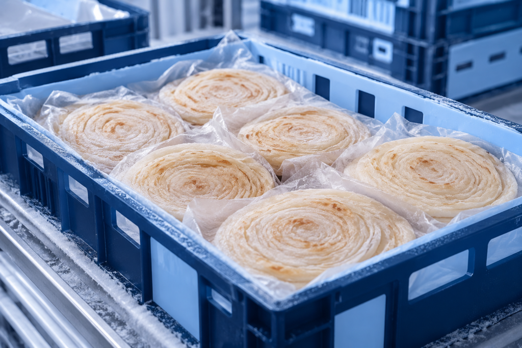 frozen spiral flatbreads in navy crate