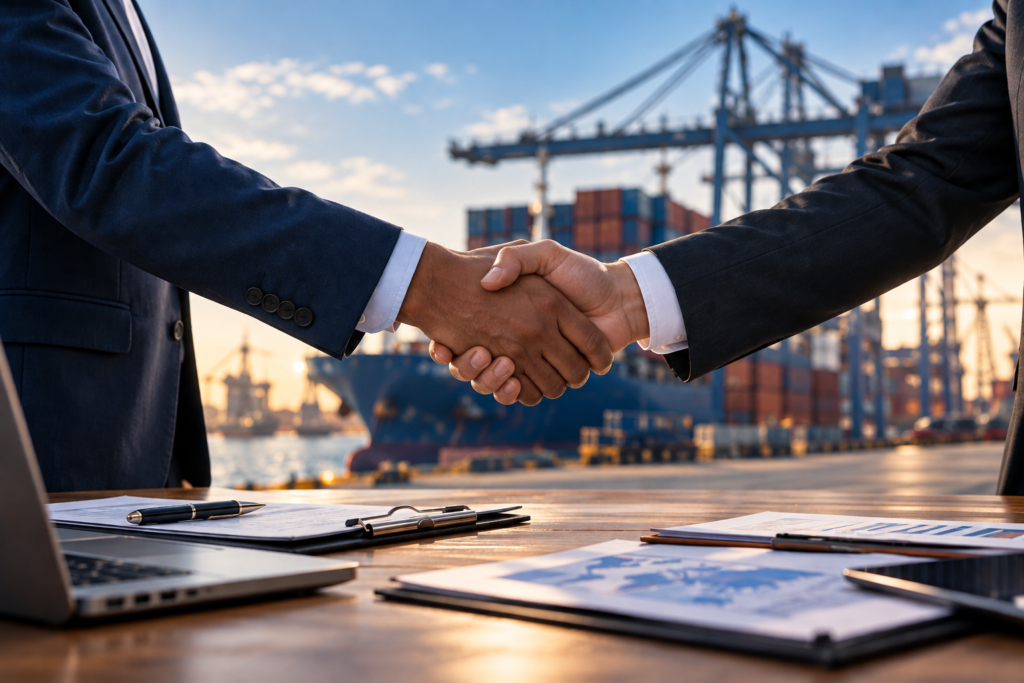 global trade handshake at golden harbor
