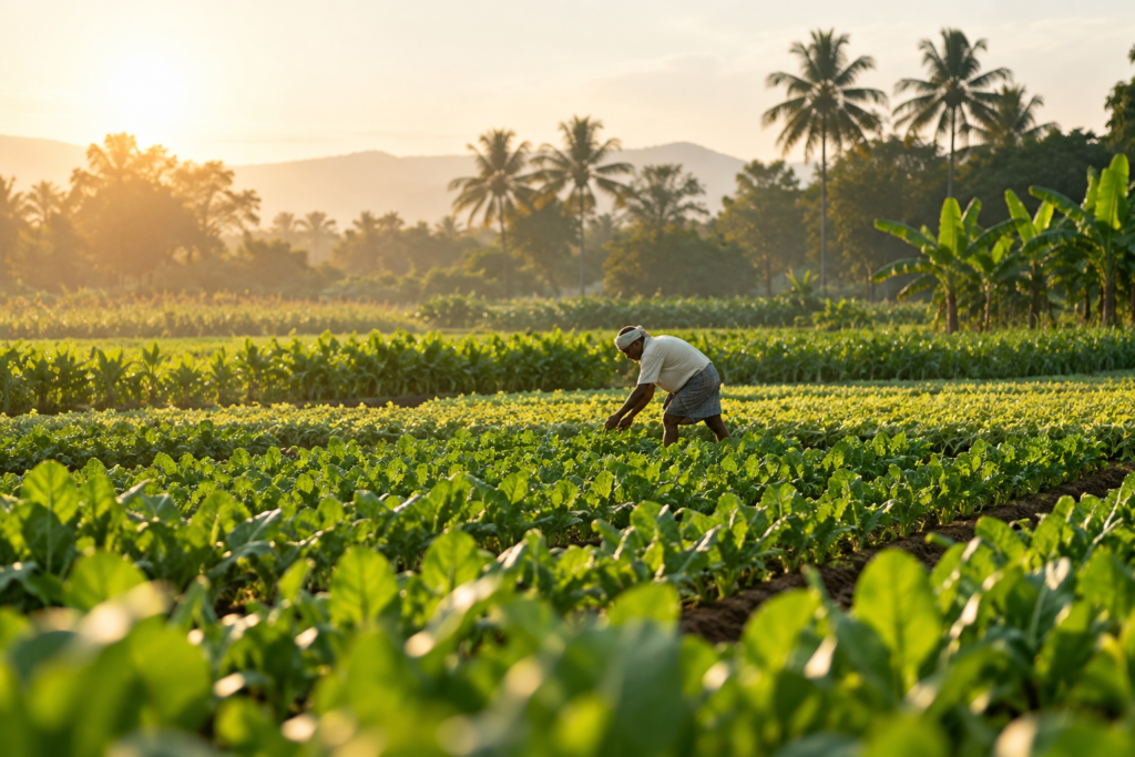 golden hour farmer in lush crop fields