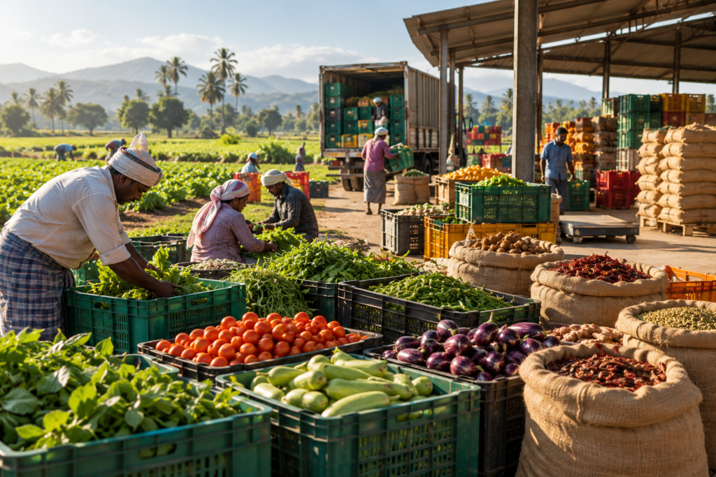 sunlit farm harvest and packing scene